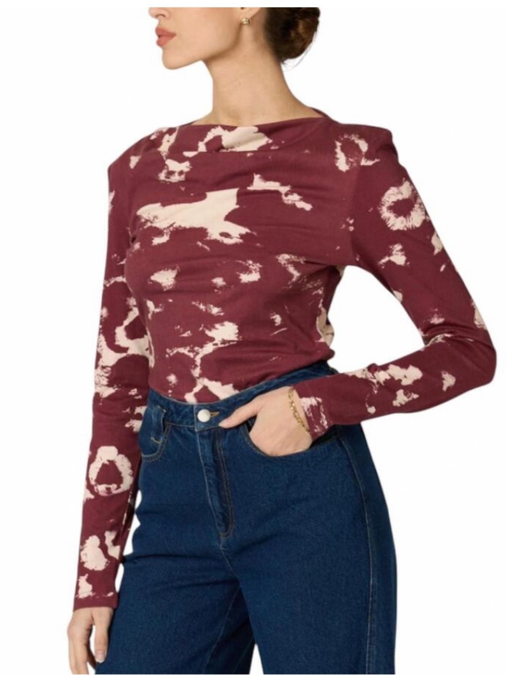 Cleobella Gina Long Sleeve Top Burgandy Bold Tamayo Print Medium Boat Neck NWT